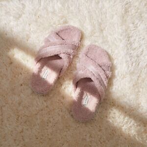 VIVAIASherpa Cross Band Slippers Cozy Fuzzy Open Toe Pink Slides US‎ 8 EU 39